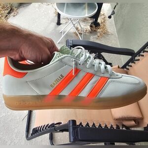 Size 11.5 Women's and 10.5 for Men - Adidas Gazelle Green Solar Orange